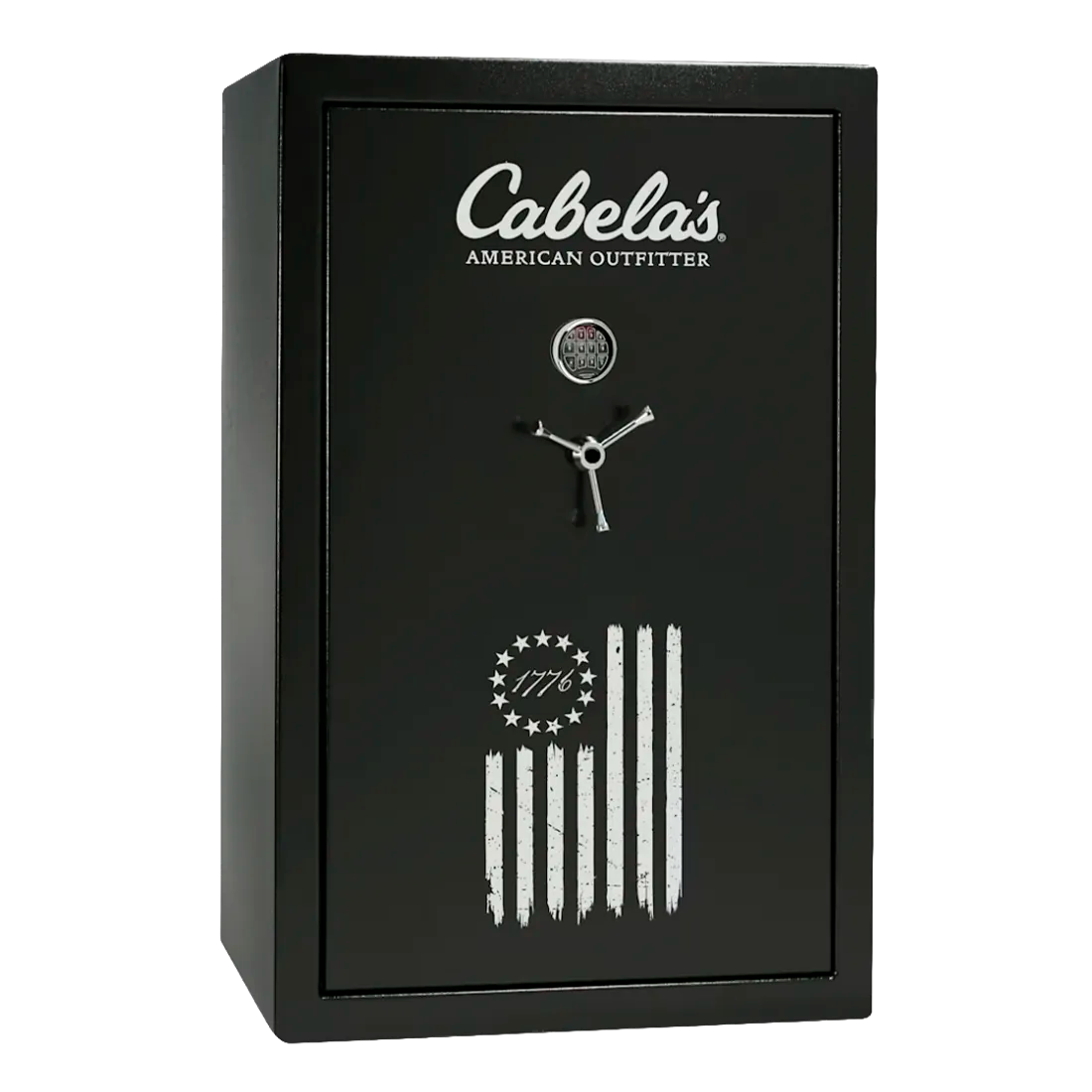 A black Cabela's American Outfitter gun safe with a front-facing view, featuring a silver-tone dial lock, decorative key-shaped handle, and distressed American flag motif on the lower half of the door.