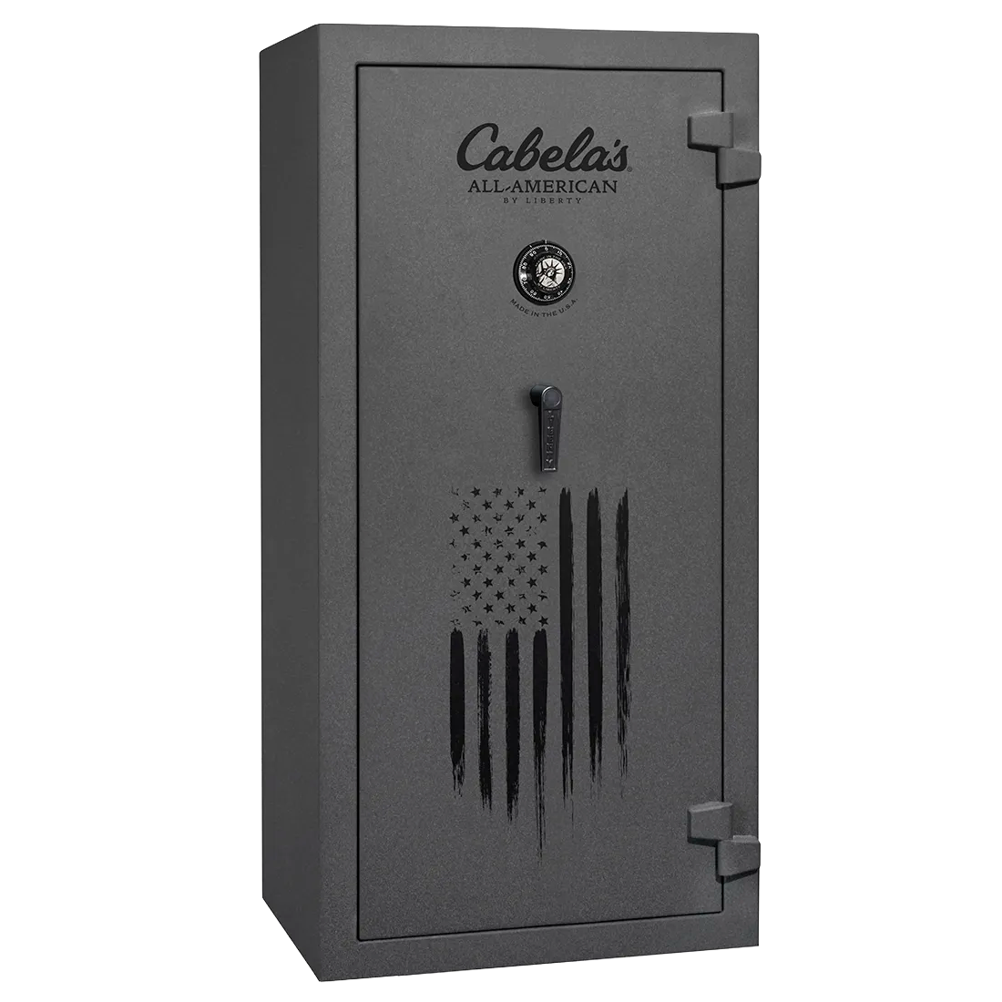 A dark gray Cabela's All-American by Liberty gun safe with a distressed American flag design on the front door, shown against a plain white background.