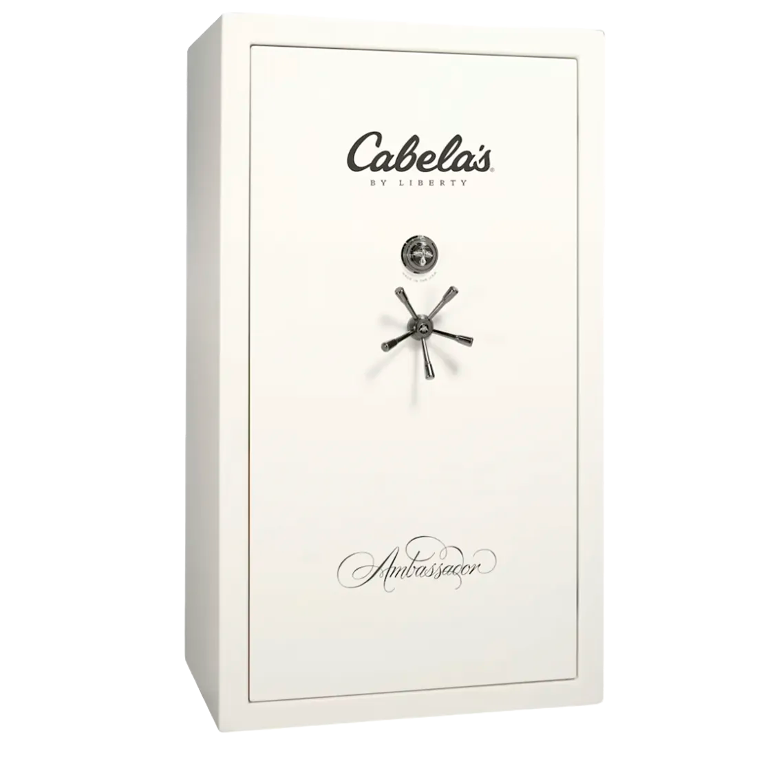 A Cabela's by Liberty Ambassador gun safe in off-white, featuring a black star-shaped handle, a combination dial, and the brand name printed on the front door.