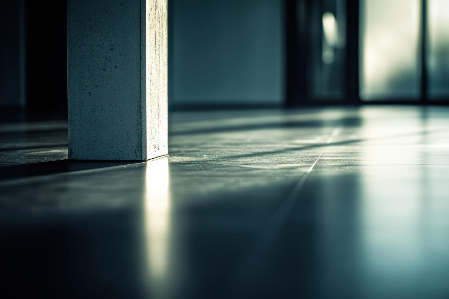 Light and shadows play on a polished floor with a column