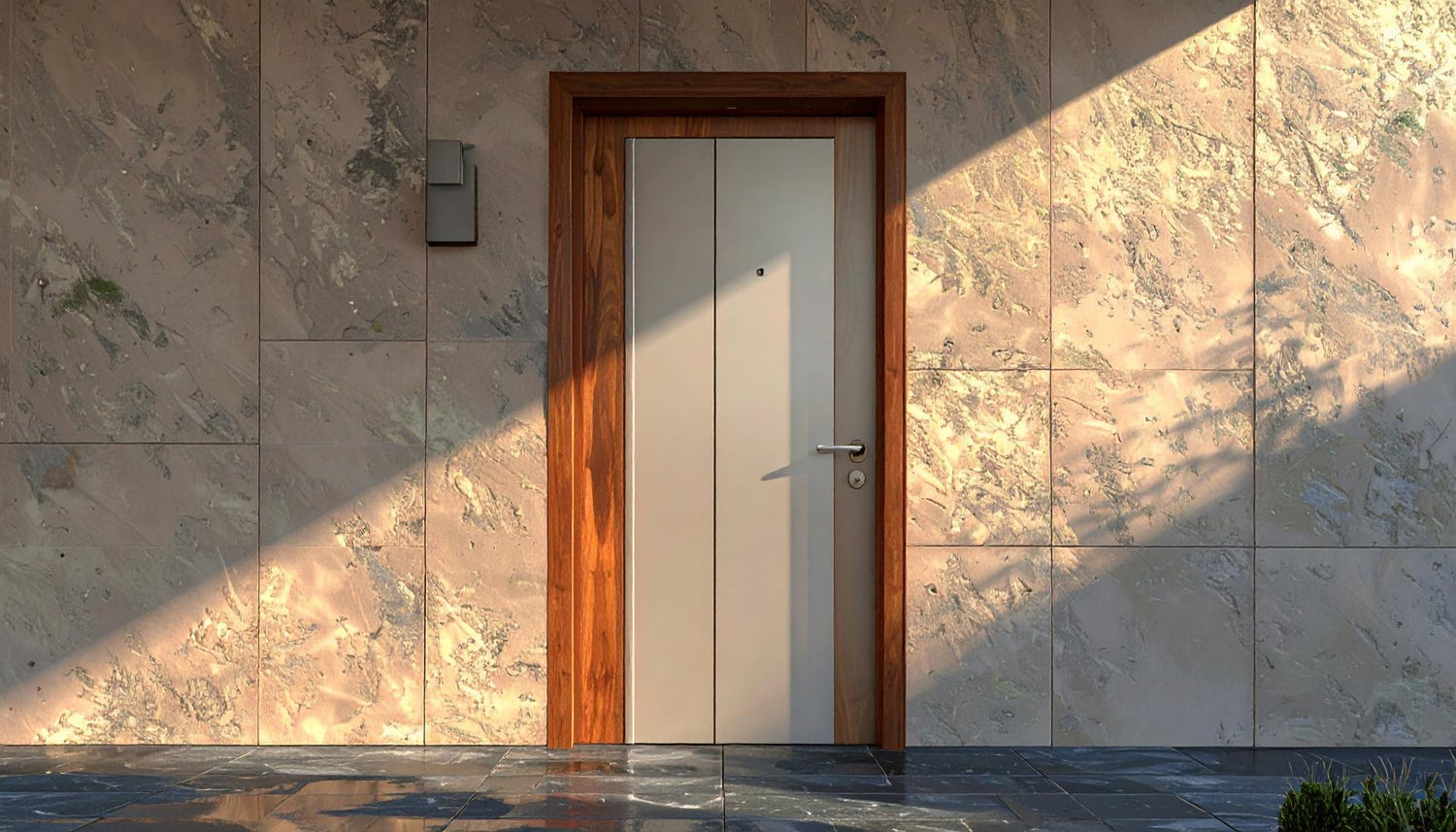 Elegant modern front door design with beautiful wood frame and marble tile wall shining in the sunlight outside home