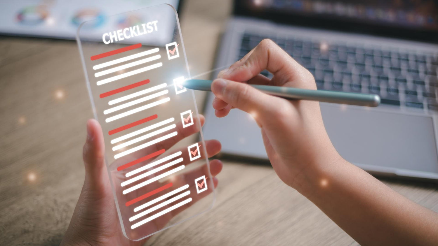 Checklist concept, Women check marks on the check boxes with marker red on the futuristic virtual interface screen.