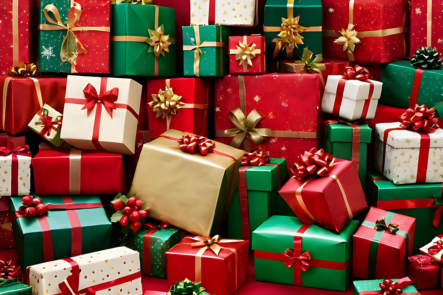 AI generated Christmas gift box with ribbon, present box, snowy fir tree, and many presents are sitting on a wooden table with Christmas decorations