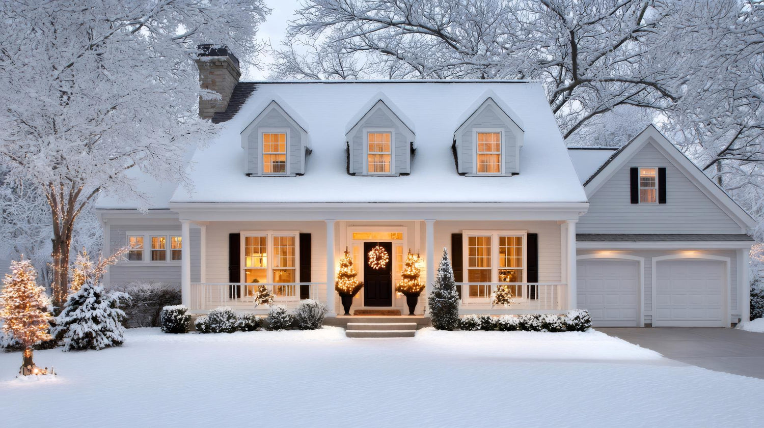 Beautiful white suburban house covered in snow at christmas time