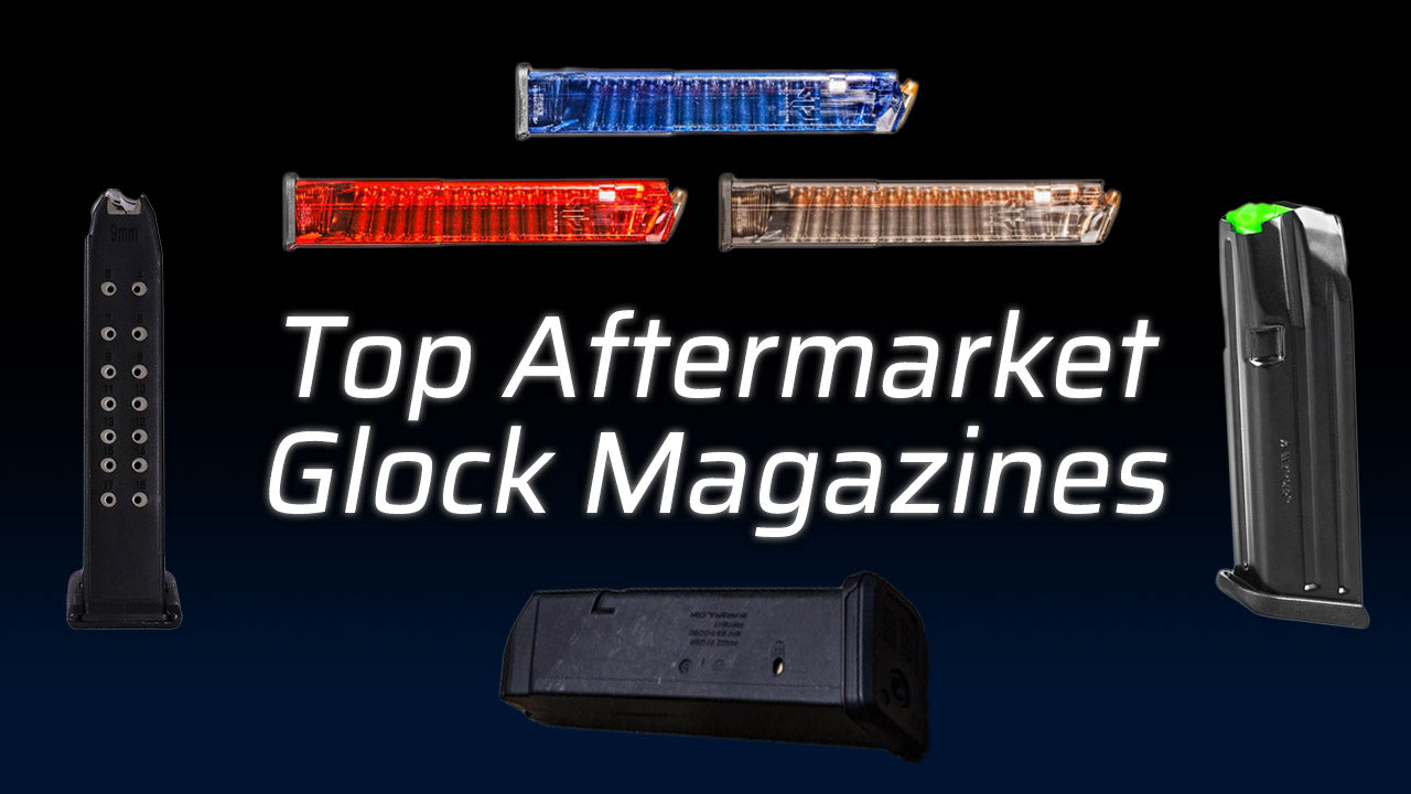 Top aftermarket Glock magazines displayed with text overlay.