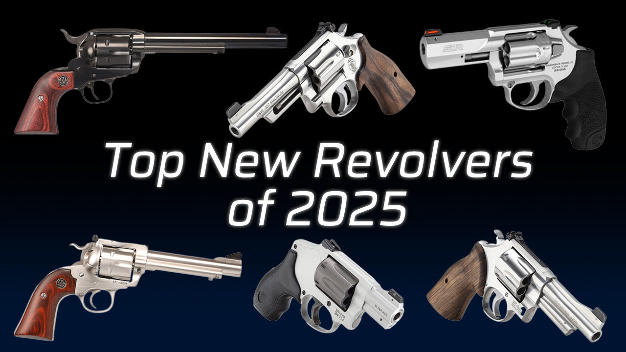 Image of various revolvers with text "Top New Revolvers of 2025.