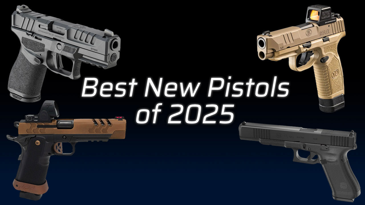 Four handguns with text "Best New Pistols of 2025" in the center.