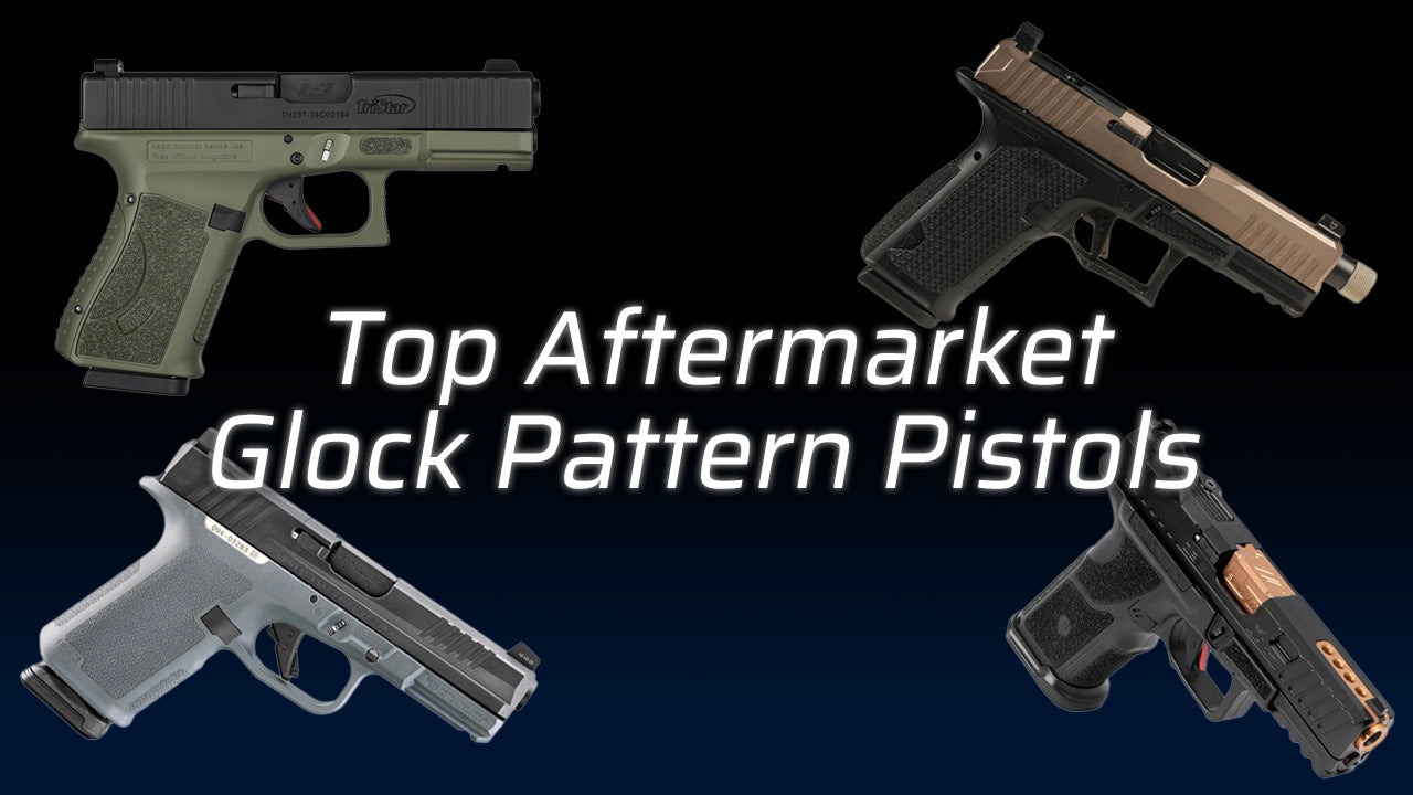 Four Glock pattern pistols with text: "Top Aftermarket Glock Pattern Pistols.