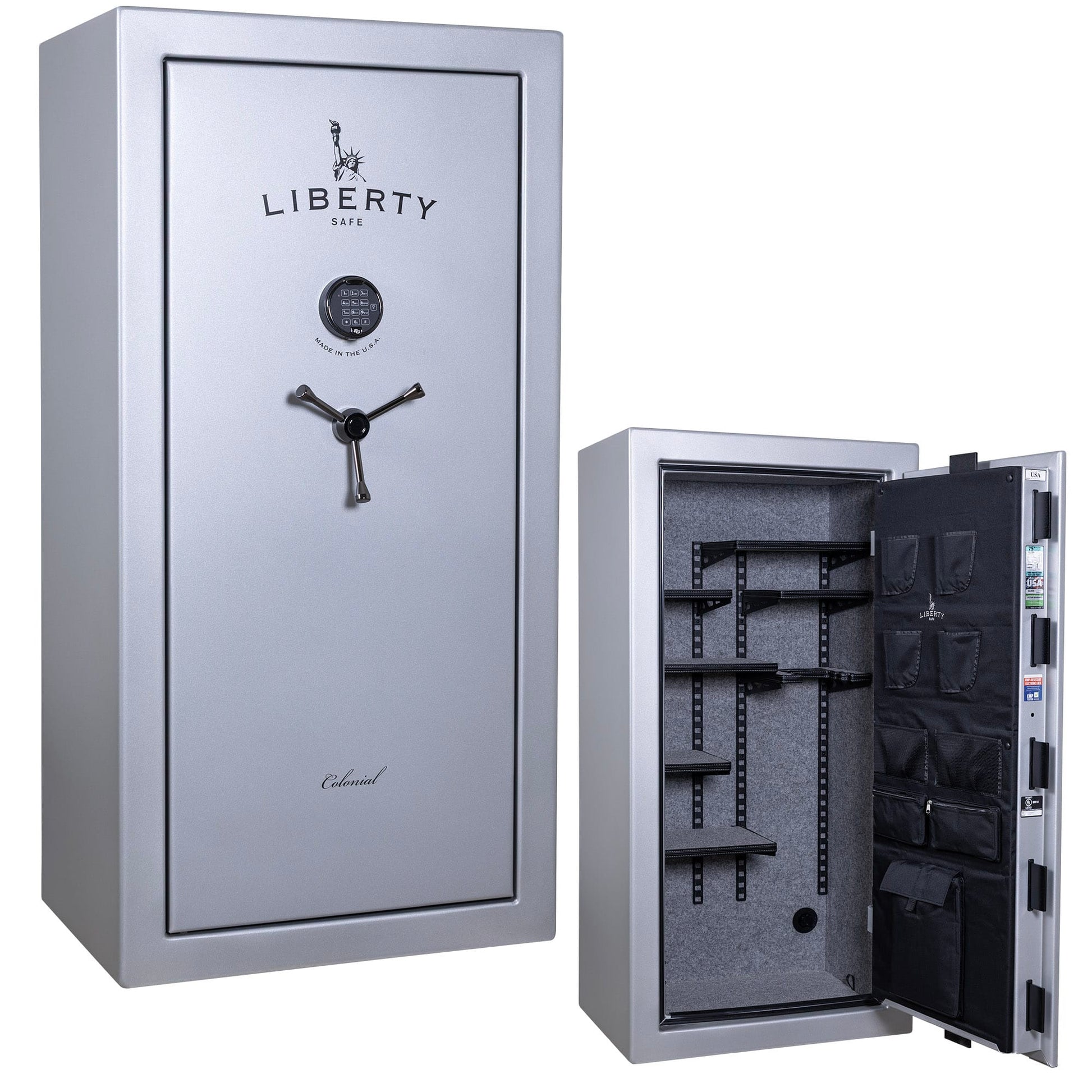 Liberty safe with open door showing interior compartments on a white background | 647346469421