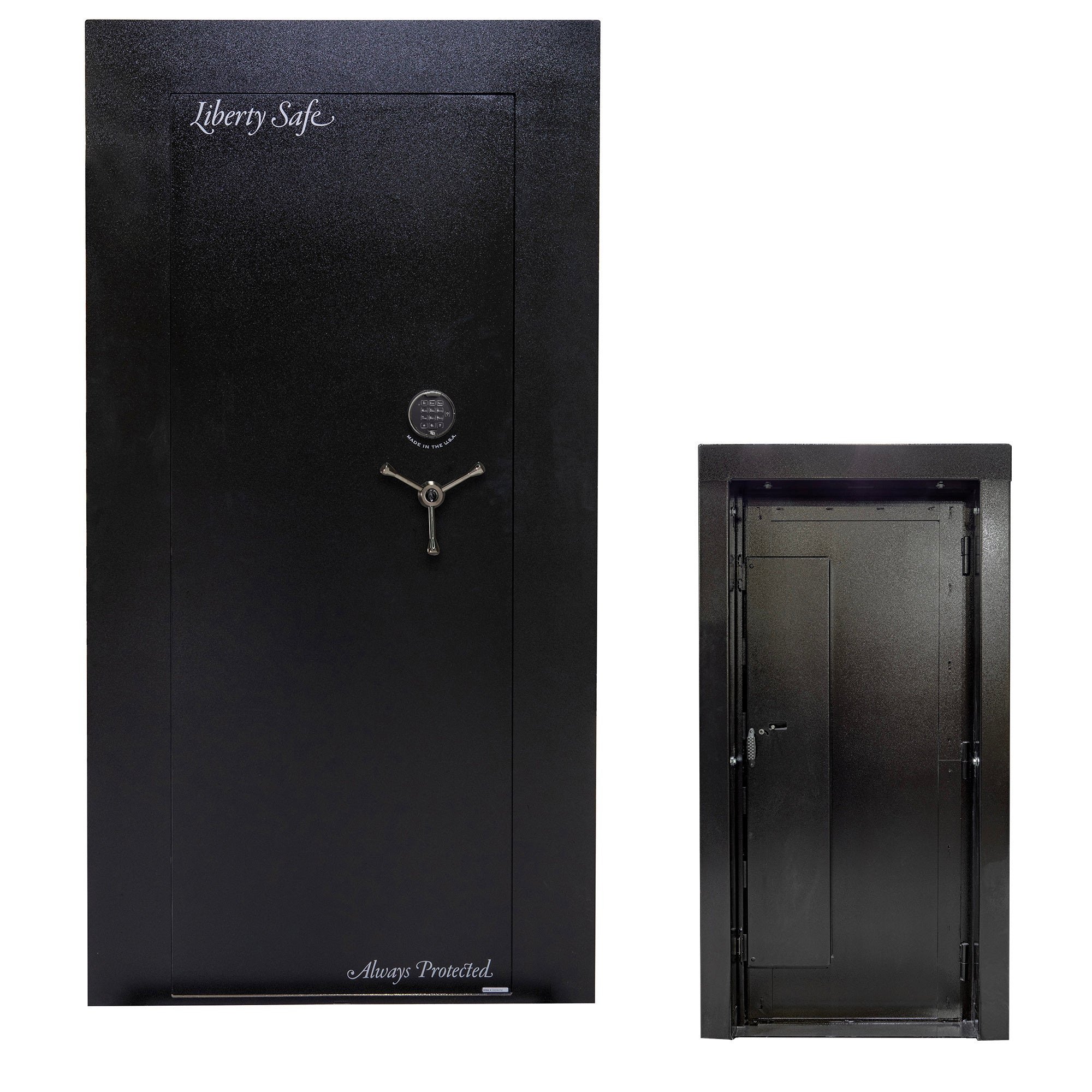 Black Liberty Safe vault door with a smaller inset showing the door interior | 647346410508
