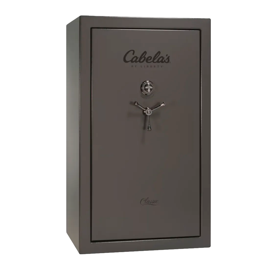 A Cabela's by Liberty Classic gun safe in a matte dark gray finish, featuring a three-spoke metal handle and a combination lock on the front door, set against a plain white background.