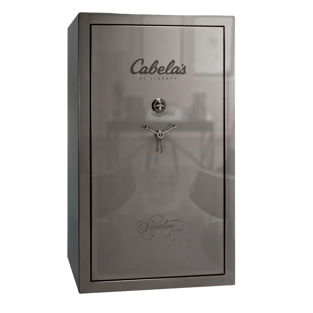 A Cabela's by Liberty Signature gun safe in gloss gray, featuring a black star-shaped handle, a combination dial, and the brand name printed on the front door.