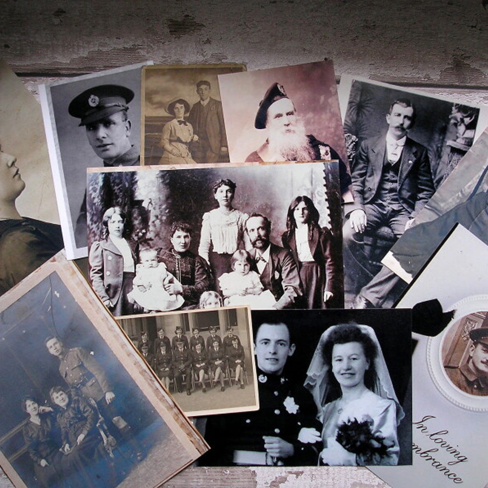 Collage of vintage family photographs on a textured surface