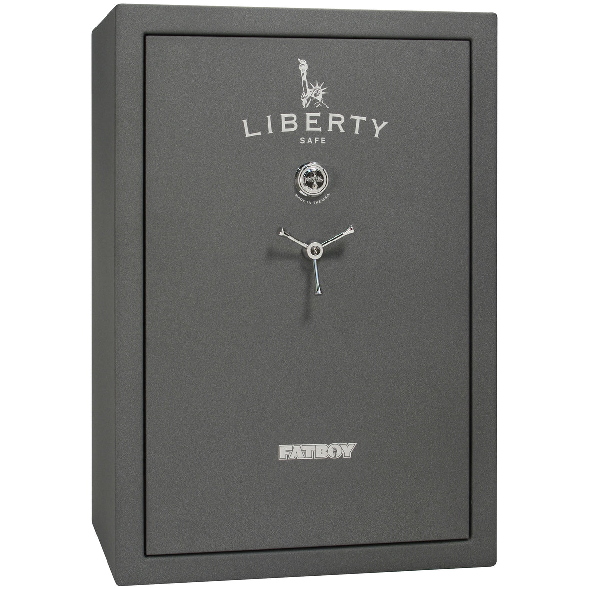 A dark gray textured Liberty Safe 550 in a clean studio shot against a white background, featuring a silver handle, combination dial, and 'LIBERTY SAFE' and 'FALBOY' branding.