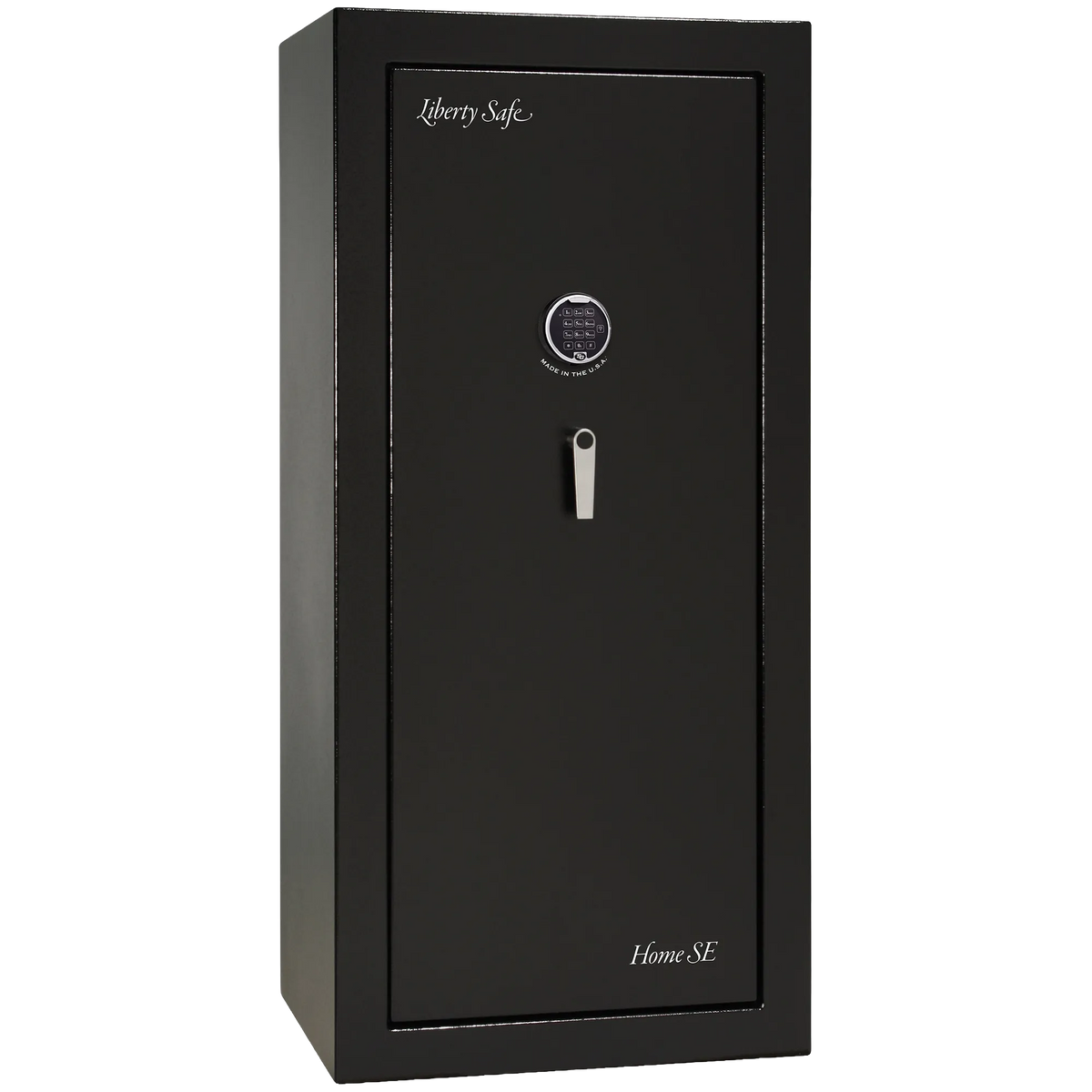 A black Liberty Safe Home SE security safe with a digital lock and silver handle, shown on a plain white background.