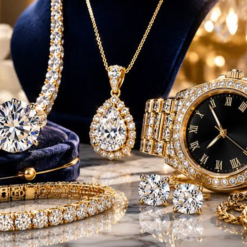Gold jewelry set including necklace, earrings, and watch on a reflective surface.